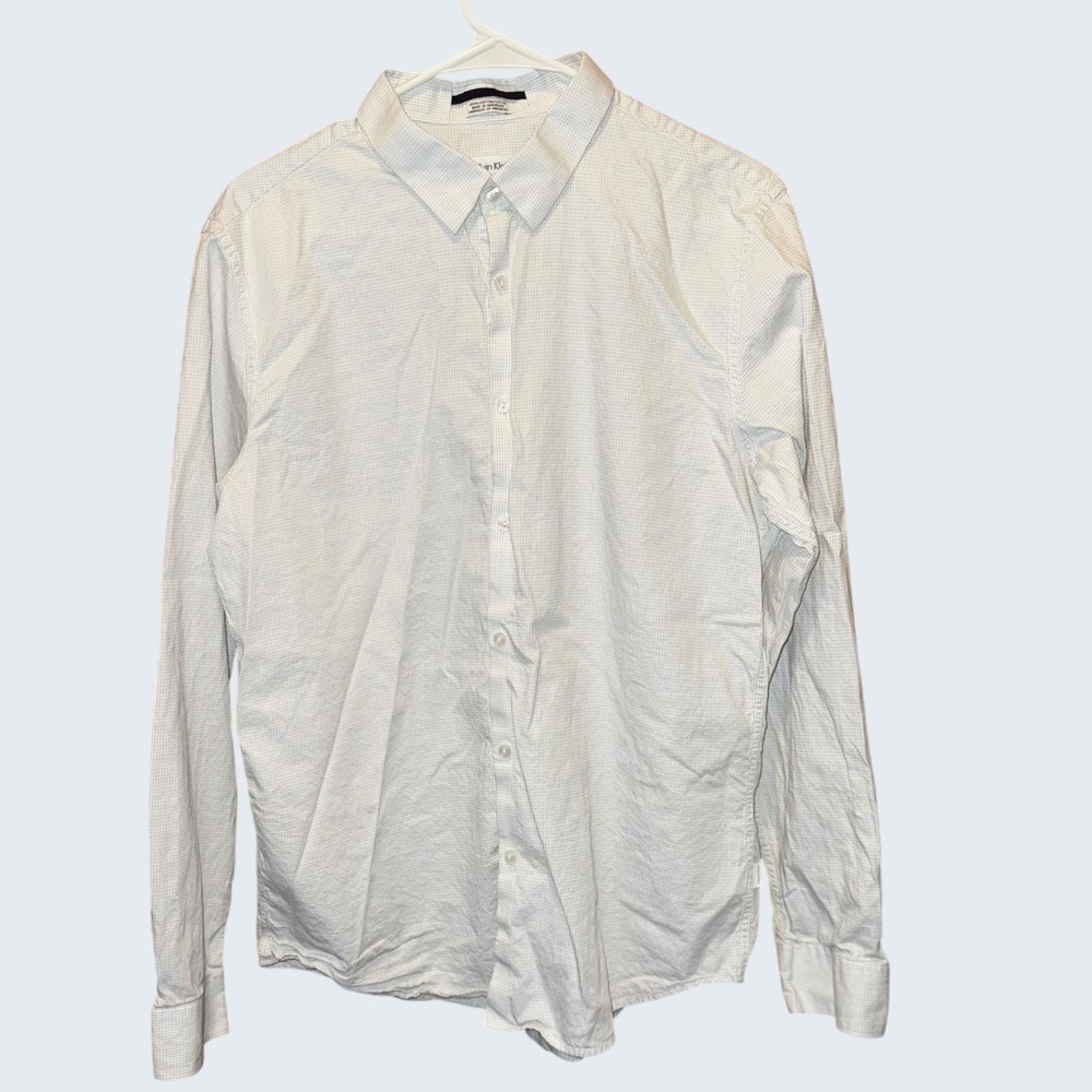 Calvin Klein Mens Slim Fit White Micro Dot Button Down Shirt Large L Long Sleeve